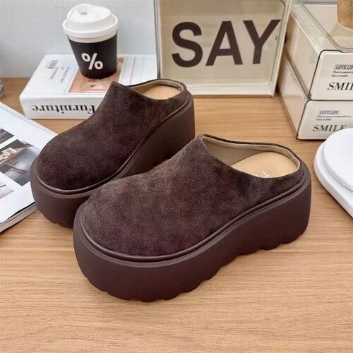 In autumn, mango head wears Western-style wedge heel non-slip platform shoes, retro height-increasing small head toe slippers
