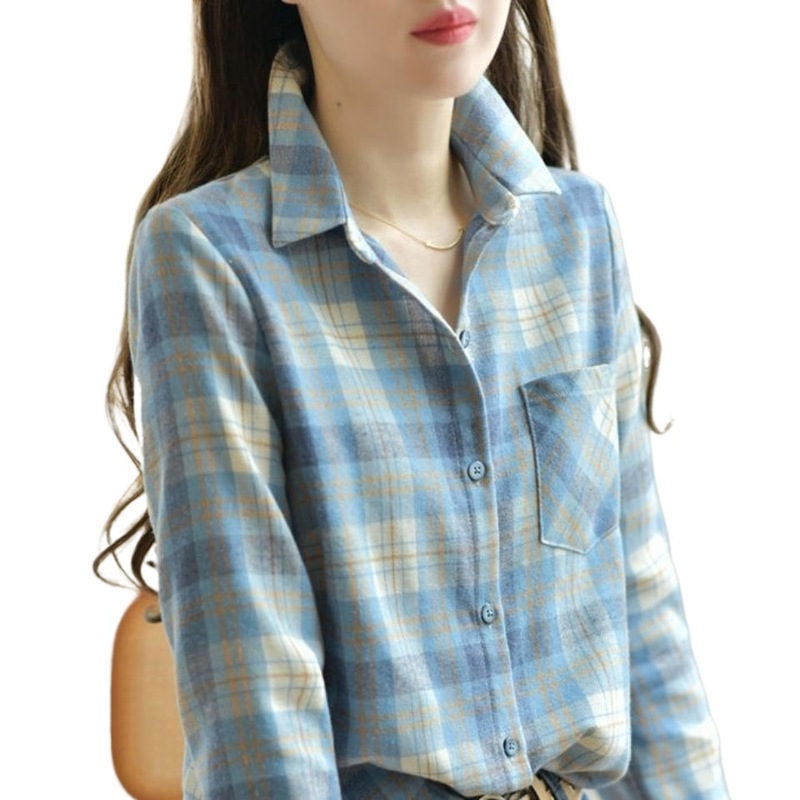 蓝色格子衬衫女长袖2025秋装新款女装磨毛休闲衬衣早秋上衣女|undefined