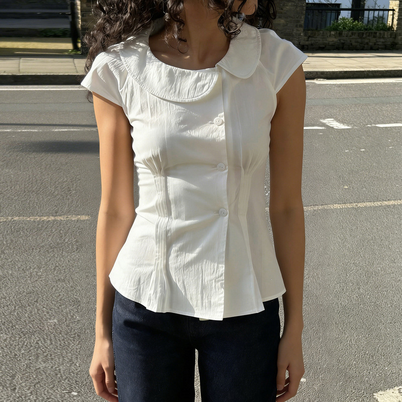 Simple white BM-style sweet asymmetrical doll collar design, waist-cinching slimming shirt, niche youthful top Simple white BM-style sweet asymmetrical doll collar design, waist-cinching slimming shirt, niche youthful top