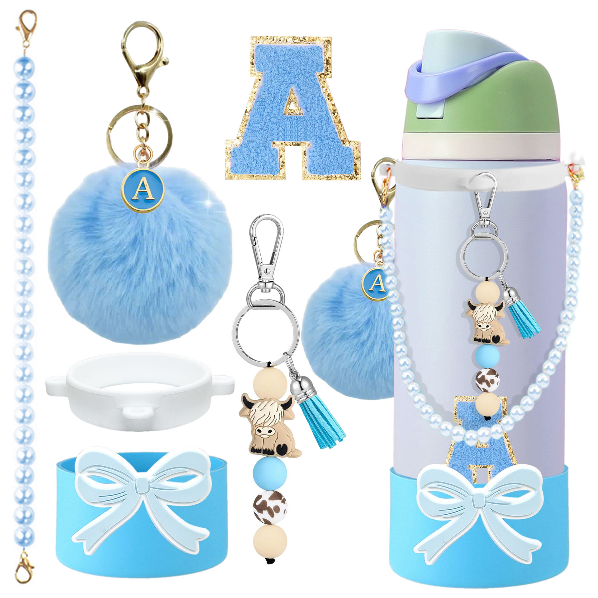 Owala 杯链硅胶圈珍珠手提杯套绳子高地牛玩偶挂件毛球字母钥匙扣