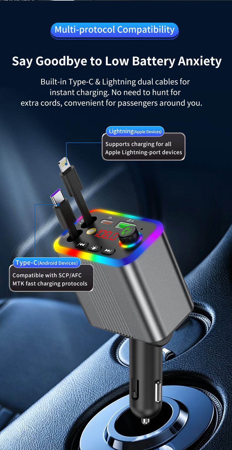 R4R6 Car Bluetooth MP3 Player comes with a retractable cable and supports fast charging for mobile phones, 2026 new model, foreign trade supply