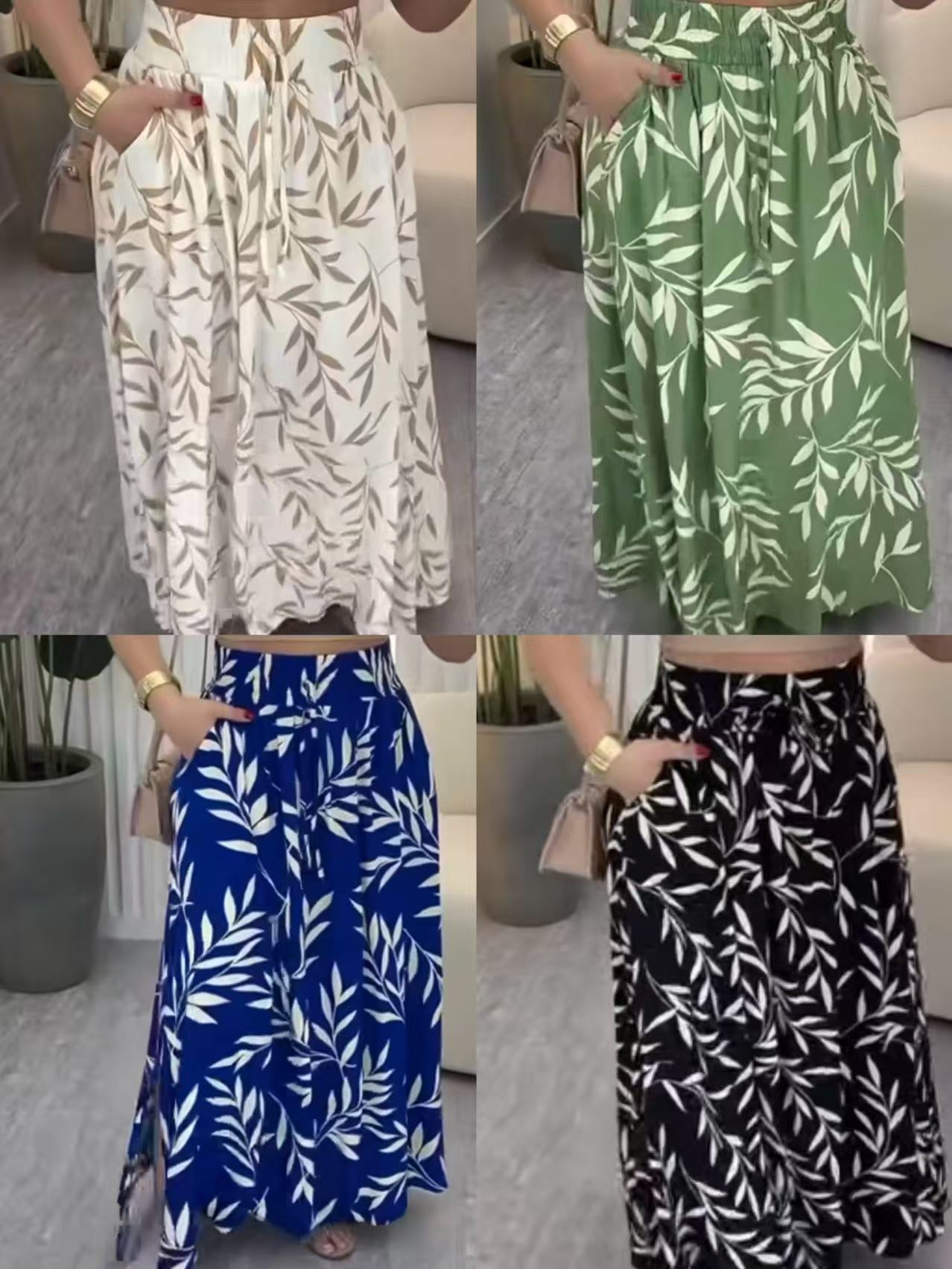 Women's Casual Wide Sleeve Printed Slit Pocket Midi Skirt Bestselling_ecoleips.com