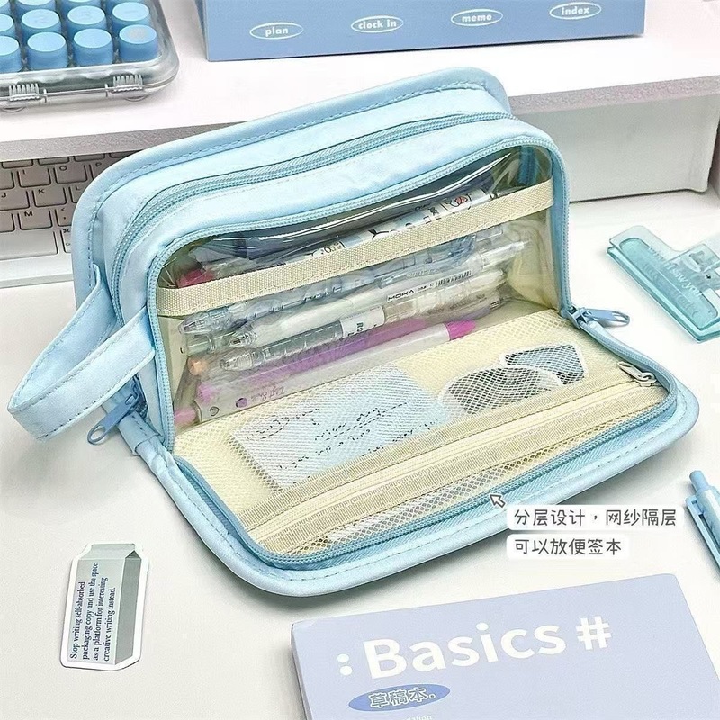 原创水蓝色小狗笔袋帆布大容量高颜值学生桌面文具收纳袋铅笔盒|undefined