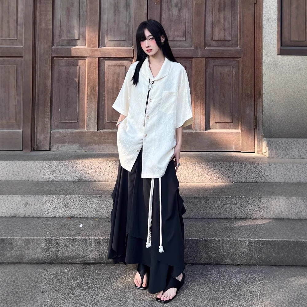 Summer minority new Chinese style jacquard embroidery stand collar short sleeve women's shirt national style Zen casual shirt design sense