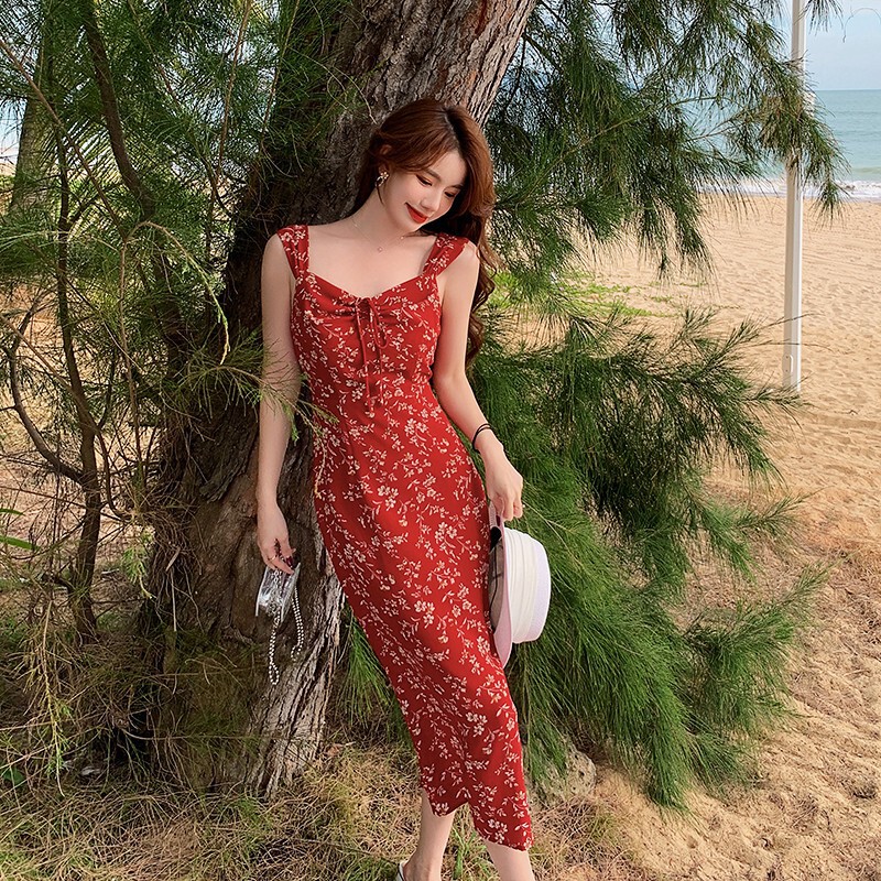 Tea Break French-Style Red Floral Suspender Dress for Women, Summer 2025 New Style, Seaside Vacation Beach Long Dress