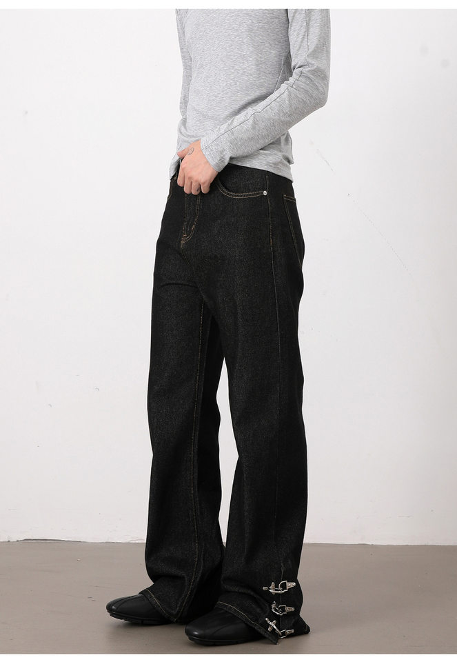 Quần jeans nam ống loe nhẹ denim thô đen, cạp vừa, dáng cơ bản, dài quần — Denim đen chi tiết 16