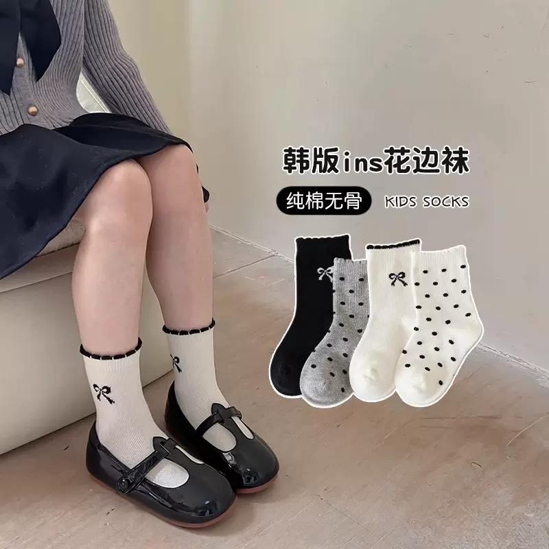 儿童袜批发厂家直销 ins女童蝴蝶结波点花边袜子百搭可爱公主短袜