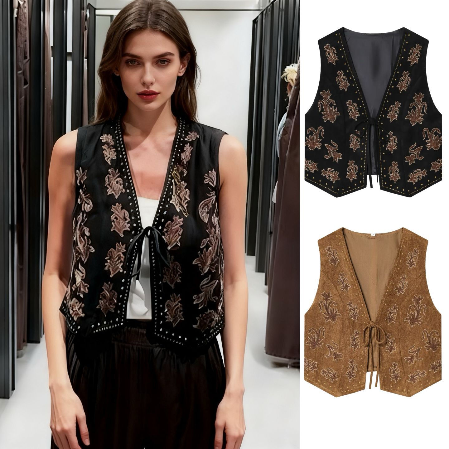 ZA速卖通爆款跨境外贸批发欧美风刺绣绒面质感效果马甲背心