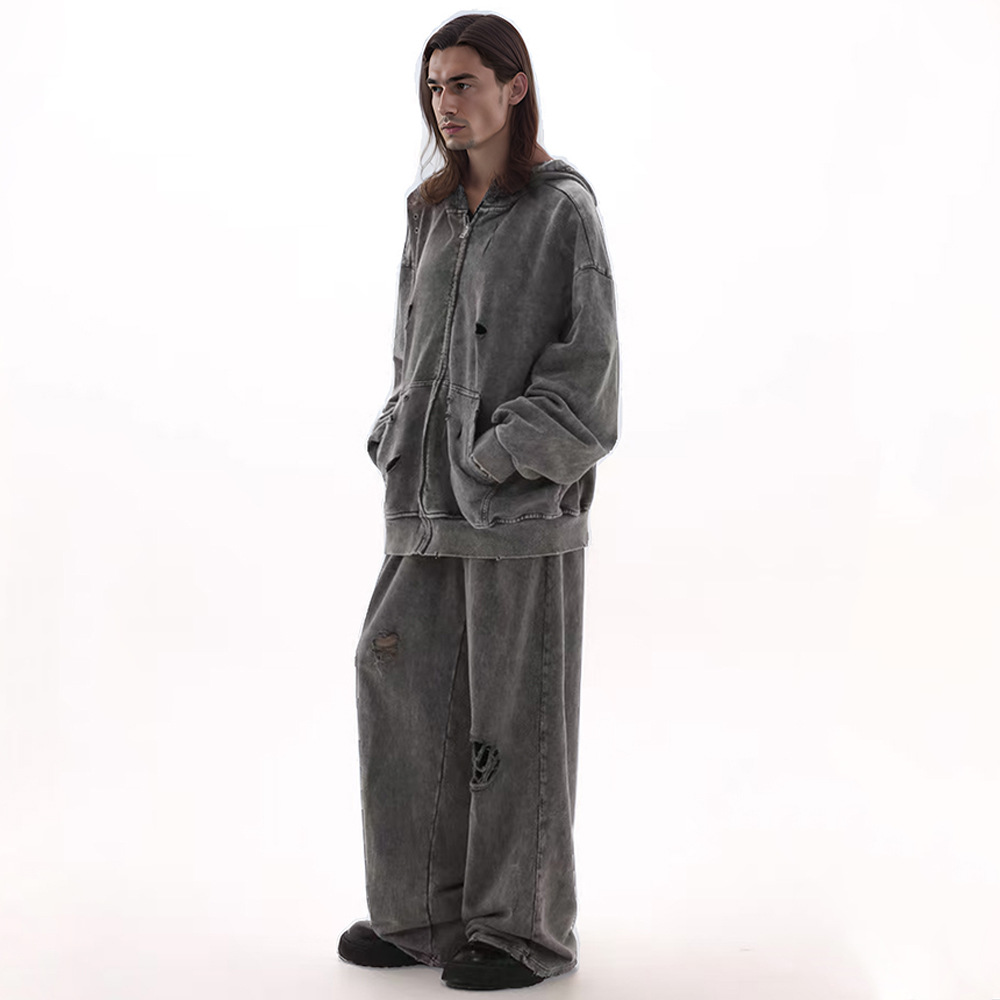 Moletom com capuz rasgado estilo europeu e transfronteiriço para homens, lavagem reforçada, modelagem folgada, versátil estilo vintage para casais._voghion.com