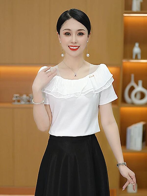 Trendy Ruffled Off-Shoulder Solid Color Top 2025 Summer New Fashion Slimming Mom Short-Sleeve T-Shirt