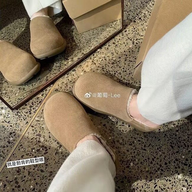 牛皮版葡萄妈同款加绒毛毛鞋保暖一脚蹬勃肯半拖雪地靴女秋冬棉鞋|undefined