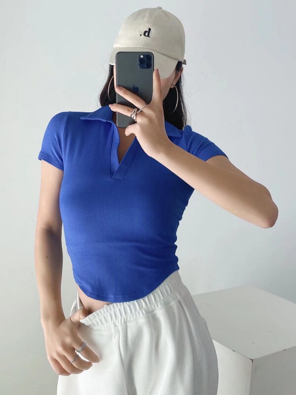2023 Summer New Pullover Polo Lapel Curved Hem Solid Color Short Sleeve Slim Women's T-Shirt Top Wholesale
