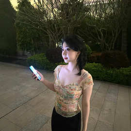 Go Girl Go自制欧美风油画花卉印花v领T恤女夏季花边网纱短袖上衣