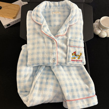 跨境现货大码睡衣女秋冬珊瑚绒加厚可爱腊肠小狗刺绣奶蓝格子套装