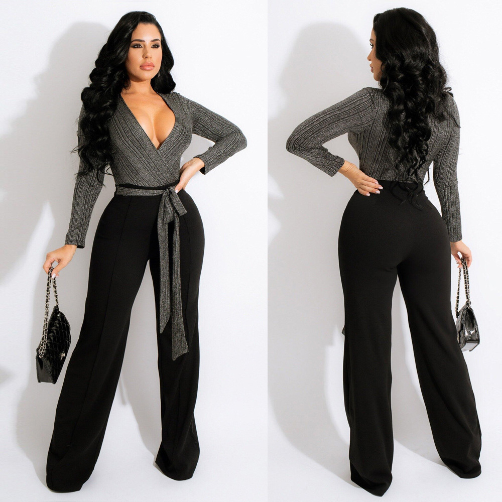 V-Neck Lace Up Stitching Jumpsuit NSWNY97195