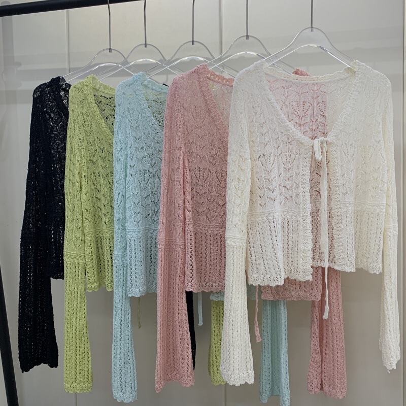 Hollow Crochet Knitted Cardigan Jacket Short Women's Summer Outer Sun Protection Clothing V Neck Elegant Ice Silk Long-Sleeved Top Thin