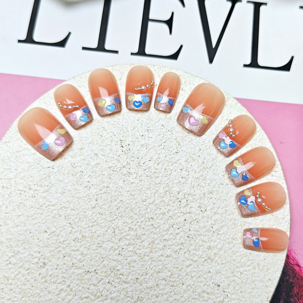 10 piezas de amor, uñas francesas, adornos de perlas, uñas de naranja en polvo, uñas de uñas hechas a mano con diamantes de moda