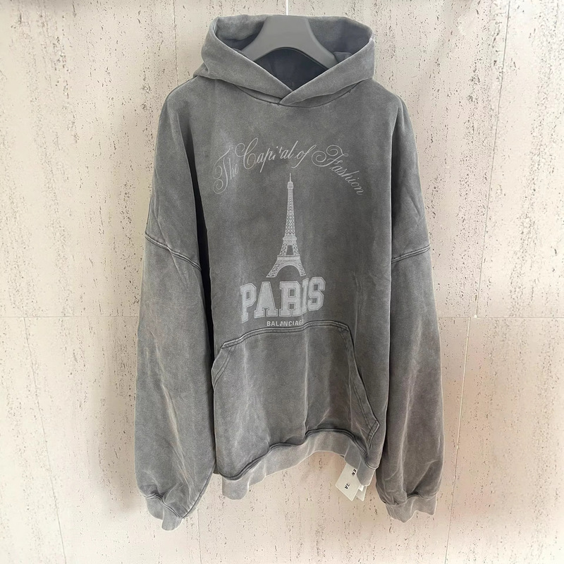 Authentic High-Quality Paris B Brand New Hooded Printed Sweatshirt, Loose Fit with Eiffel Tower Design, Casual Fashion Versatile