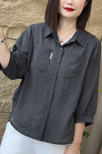 早秋新款时尚妈妈洋气纯色宽松显瘦口袋中袖衬衫休闲百搭上衣