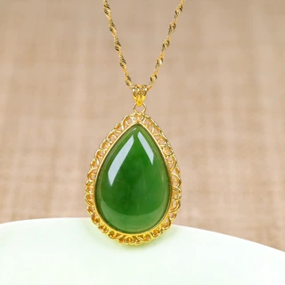 福贝钻珠宝【18K金镶天然和田玉碧玉水滴吊坠】裸石尺寸约15*23mm