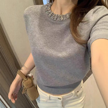 2026气质高级感烫钻短袖针织衫女早春独特漂亮毛衣内搭超好看上衣