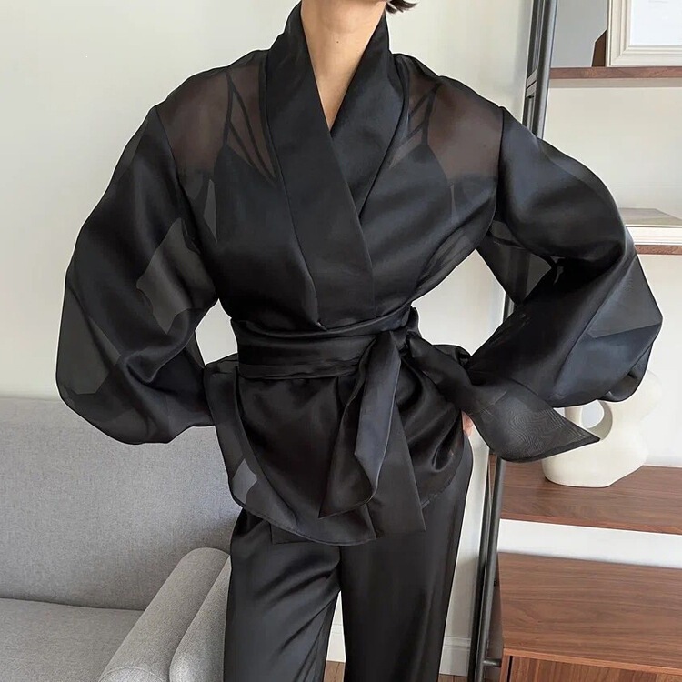 2026 Spring French-Style Elegant Black Sheer Shirt for Women, Fashionable New Puff Sleeve V-Neck Tie-Up Top, Hot-Selling 2026 Spring French-Style Elegant Black Sheer Shirt for Women, Fashionable New Puff Sleeve V-Neck Tie-Up Top, Hot-Selling