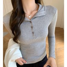 K2216条纹半开扣连帽卫衣女秋冬季辣妹内搭打底衫修身长袖上衣T恤