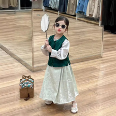 2024 Spring Kids' Hanfu Clothing for Girls, Modern Chinese Style Light Green Mamian Skirt, Upgraded Mamian Skirt, Half Skirt