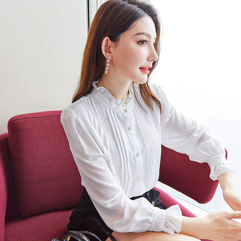 68056- Оптовая продажа: Элегантная женская блузка с длинным рукавом, коллекция Весна 2025, шифоновая рубашка с воротником-рюшами, стройнящая и универсальная.