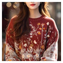 2025年设计感新款复古减龄红色毛衣女宽松外穿套头撞色针织衫百搭