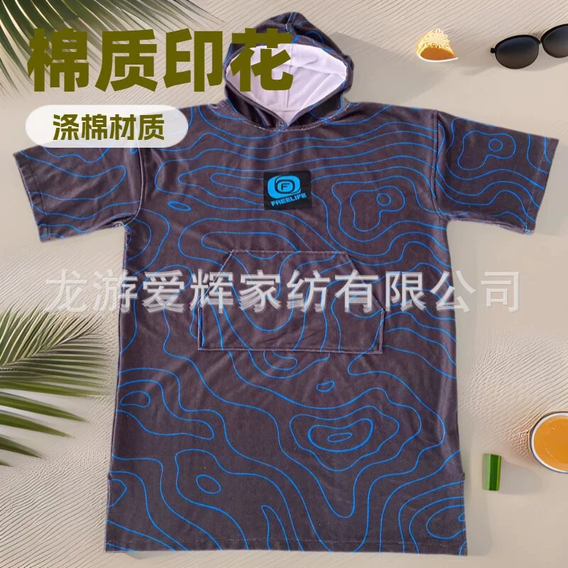 Пончо для серфинга из махровой ткани с принтом, пляжное пончо из хлопчатобумажной ткани с принтом, махровый халат с принтом, халат с капюшоном для переодевания.