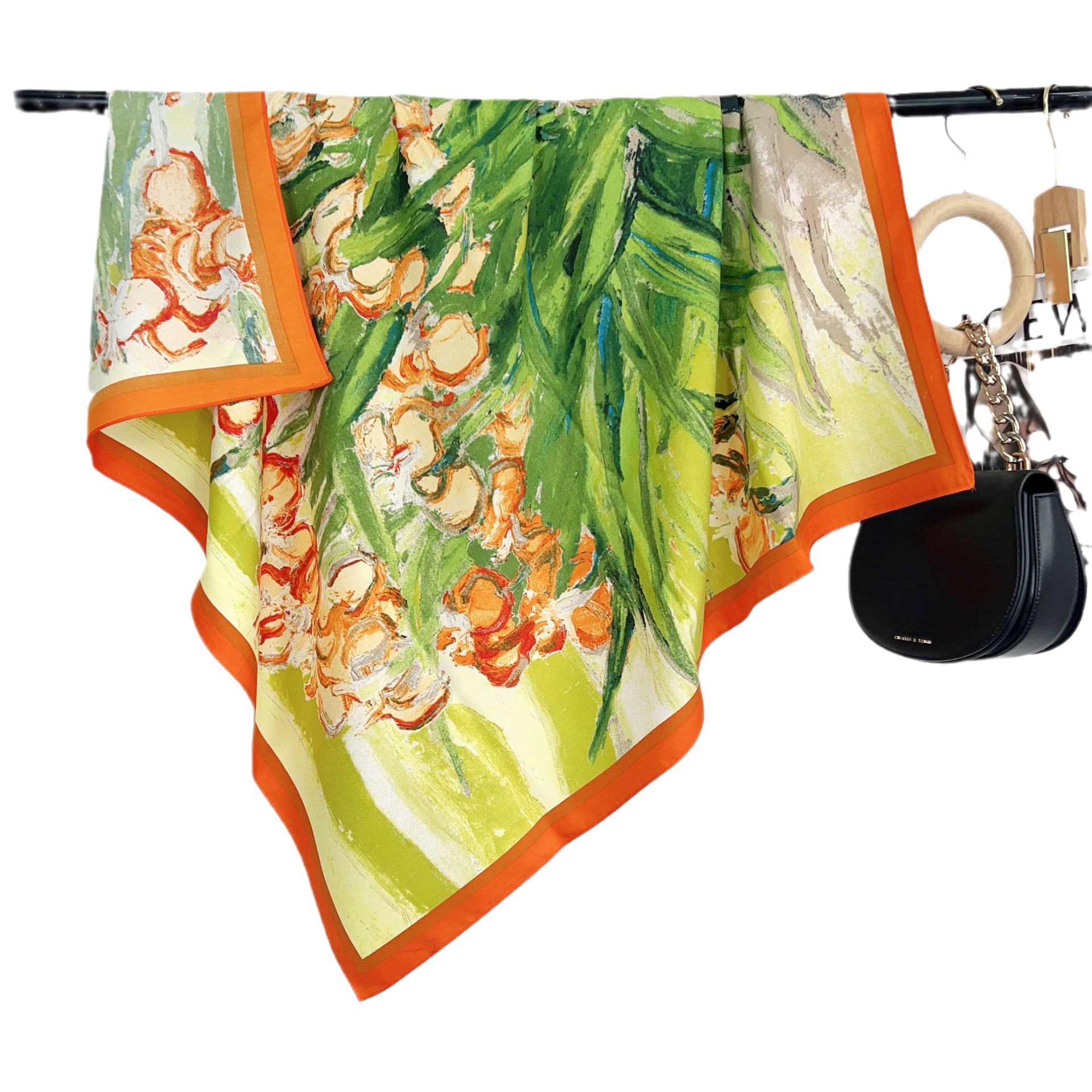 90 bufanda cuadrada grande de seda artificial de las mujeres de estilo coreano de moda pintura al óleo bufanda de seda azul y verde bufanda exterior de protección solar decorativa