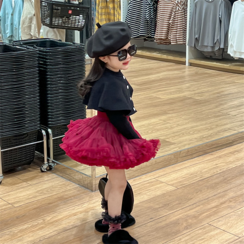  Autumn European and American Style Girls' Dress Princess Black Cape Sweater + Tutu Skirt Two-piece Set, Sold Separately