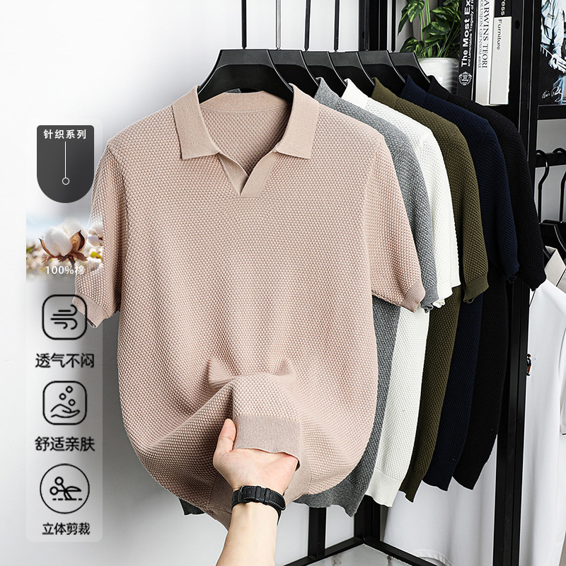 Algodón transfronterizo camiseta polo de manga corta hombre camiseta de punto de cuello en V casual base universal camiseta de hombre de manga corta T-shirt