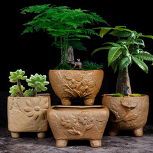 多肉粗陶花盆素烧发财树绿植盆栽家用装饰透气高脚浮雕老桩盆四方