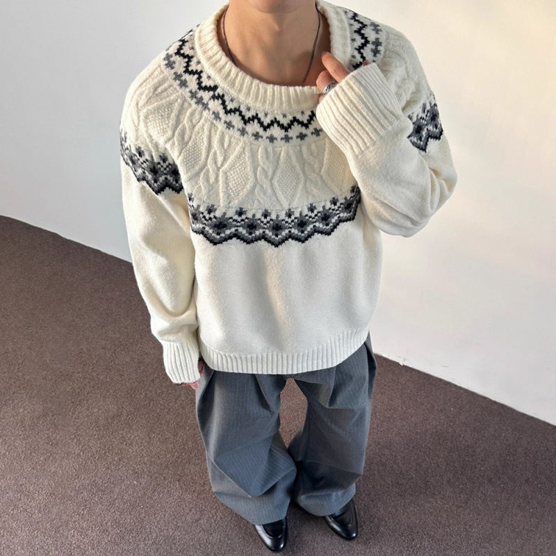 美式复古费尔岛提花毛衣男老钱入秋高智感学院慵懒风软圣诞侣毛衣