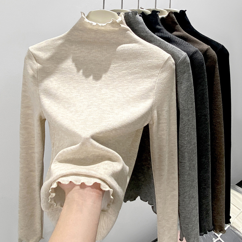 H360 Custom Ear Edge Semi-high Collar Base Shirt Women's Autumn and Winter Interior Slim-fit All-match Lace Sweater Top