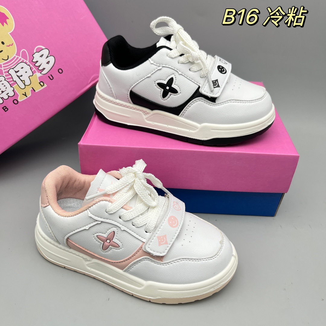 B16儿童鞋2025春季新款男女童休闲鞋女童卡通时尚皮面运动鞋拼色