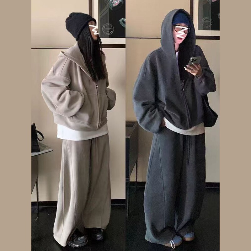 大码胖韩系简约运动休闲运动服时尚美式春秋季宽松阔腿裤两件套|undefined