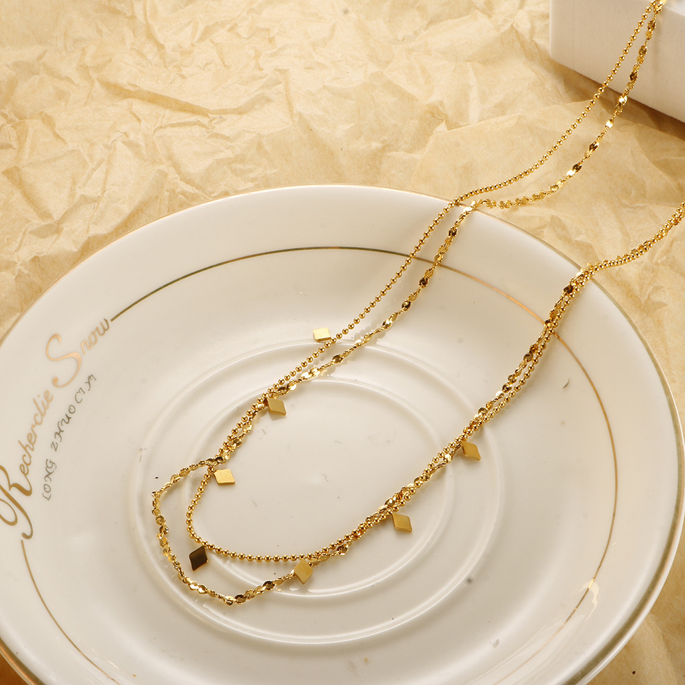 Daily Occasion Titanium Steel Material PVD Coated Real Gold Plated Rhombus Titanium Steel Fashion Waterproof Non Tarnish Layered Necklaces