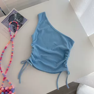女童夏季抽绳系带斜领露脐背心2024修身短款打底衫上衣新款0056