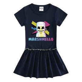 Marshmello DJ棉花糖夏装女童连衣裙短袖木耳边百褶洋气公主裙子