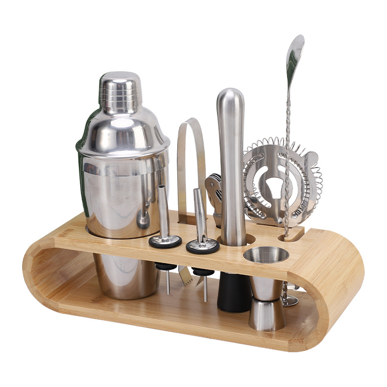 Drinkware Mixer Set9-piece Set304 Stainless Steel Shaker Cup Wooden Frame Base Bar Cocktail Mixing Cup