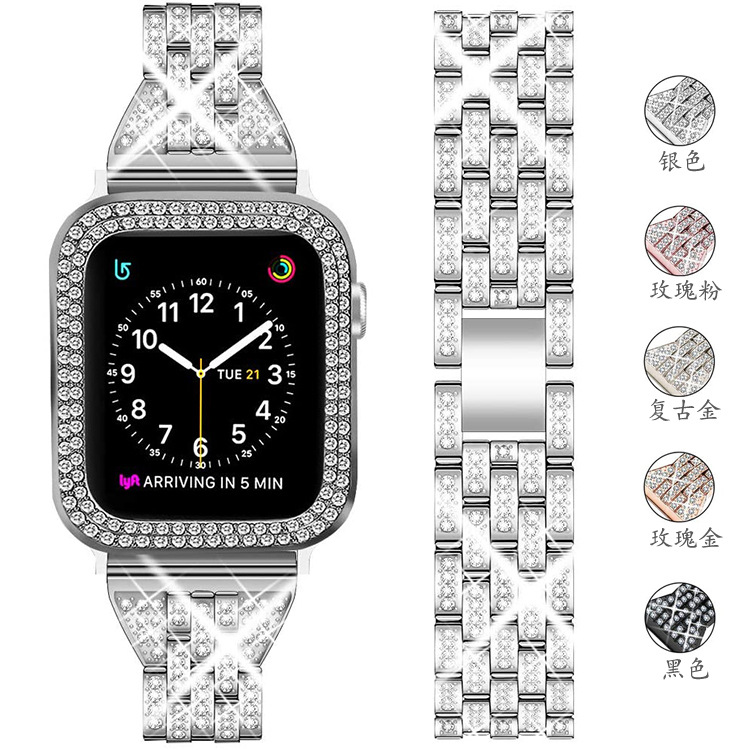 適用于蘋果applewatch9-1代表帶五珠滿鑽小蠻腰金屬表帶現貨批發