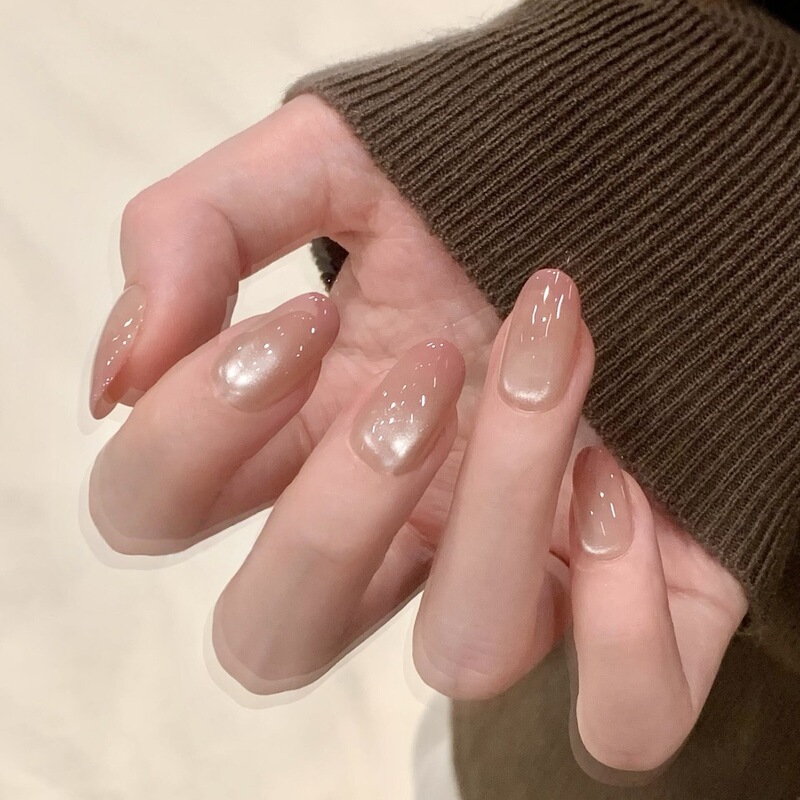 Handmade Nude Glass Bead Cat-Eye Detachable Ins-Style Handmade Wearable Nails with Nude Pink Gradient, Gentle and Complexion-Enhancing, Short Style Handmade Nude Glass Bead Cat-Eye Detachable Ins-Style Handmade Wearable Nails with Nude Pink Gradient, Gentle and Complexion-Enhancing, Short Style