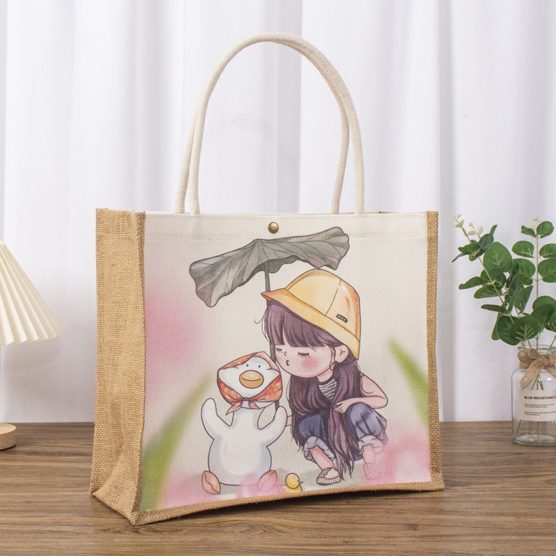 Bolsas de lino en blanco personalizadas empresas publicidad impresión en color patrón bolsas de regalo empalmado lienzo bolsa de lino portátil personalizada