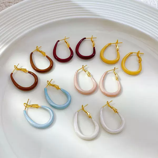 Copper Gold-Plated Korean and Japanese Fashion Teardrop-Shaped Enamel Drop Earrings for Women, New Light Luxury Style Hoop Earrings