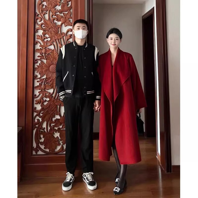 Double-sided cashmere red coat woolen coat toast dress bride wedding binding wedding dress wear autumn and winter