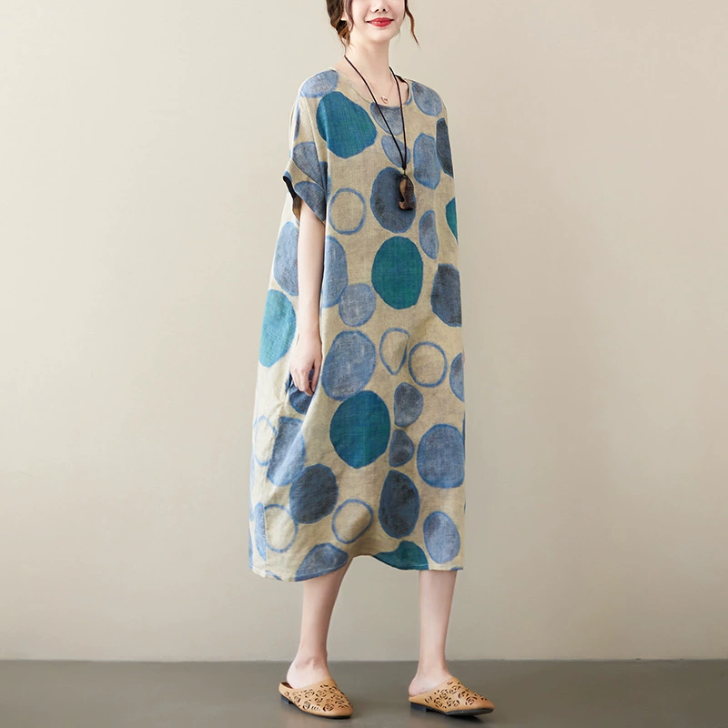 Летнее ретро длинное платье, oversize, плюс сайз, хлопок и лен, средней длины