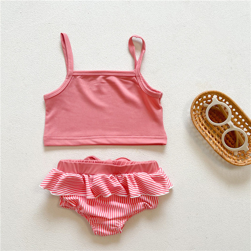 ins23 summer infant swimsuit and swimming trunks suspender swimsuit bow girl baby swimming beach suit